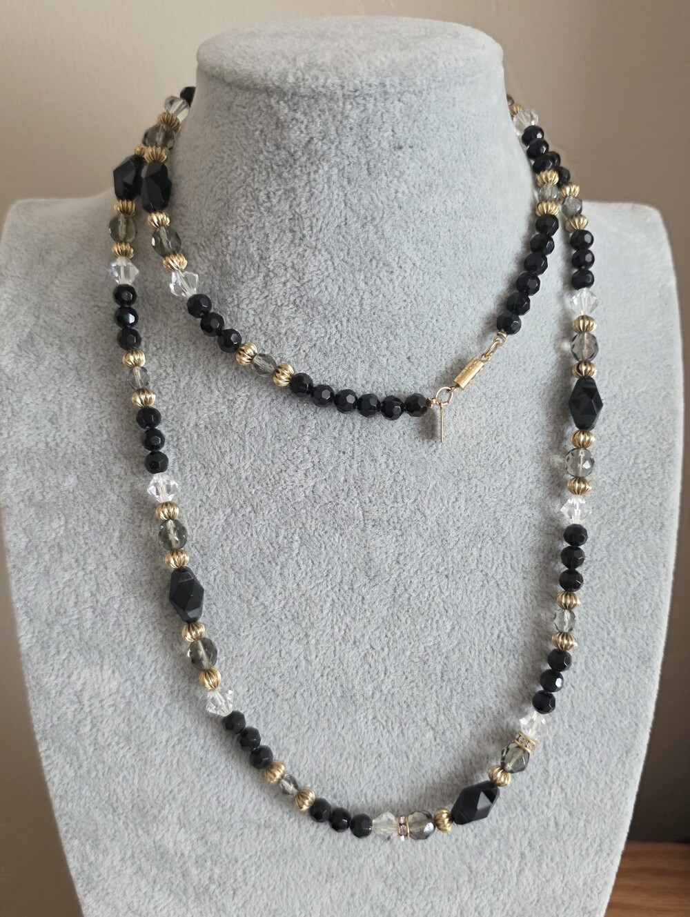 Vintage 1928 Black Acrylic, Smoke & AB Crystals w/Gold-Tone Accents Necklace
